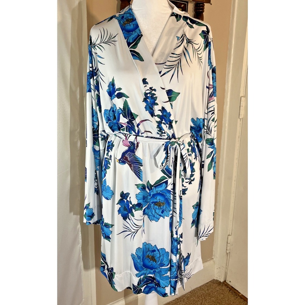 Cacique White Floral Hummingbird Wrap Kimono Robe Belted Short Women's 18/20